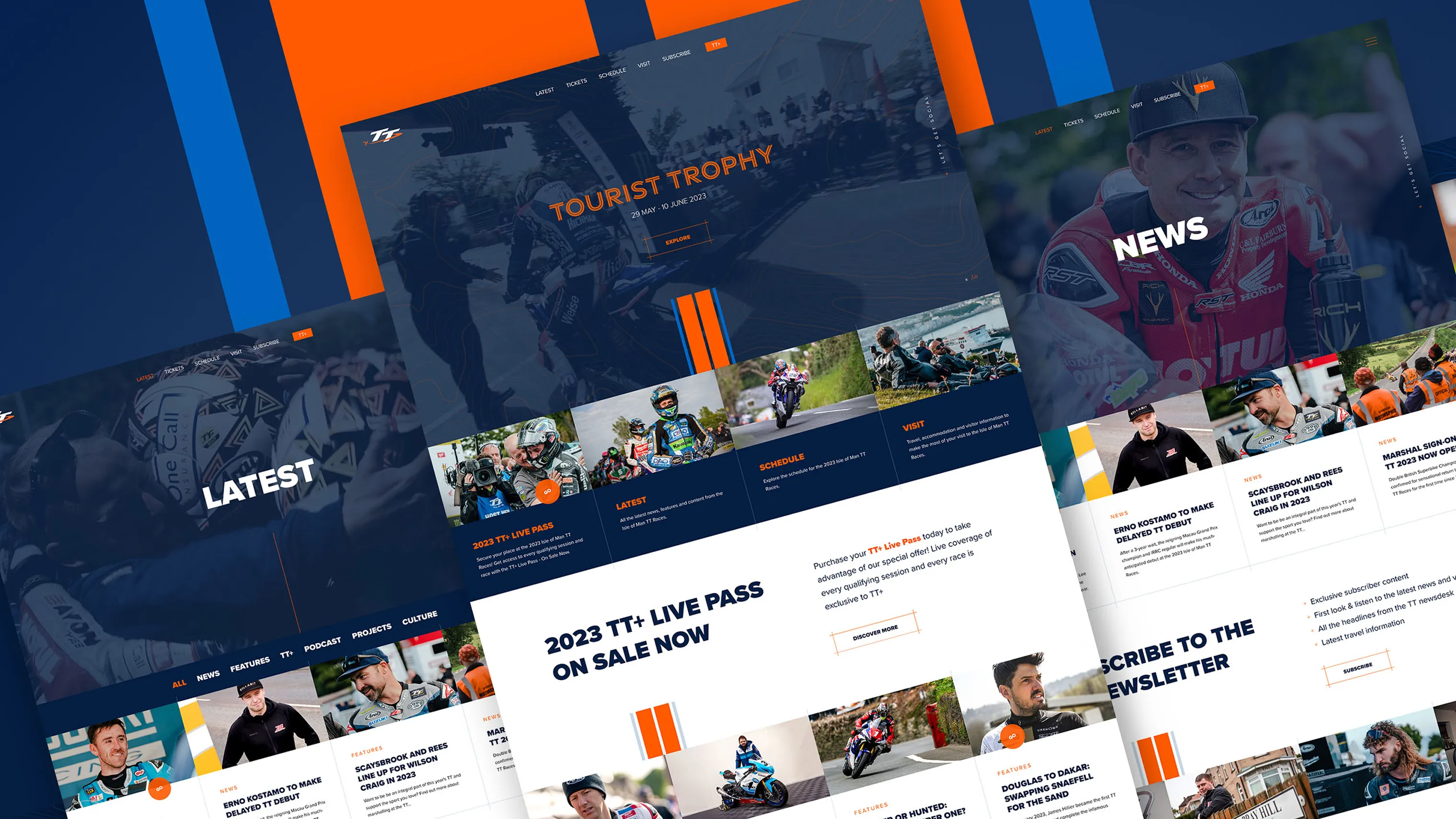 Tablet in portrait orientation displaying the Isle of Man TT Tourist Trophy website homepage with race photography and 2023 TT Live Pass on Sale Now banner on an orange and navy background